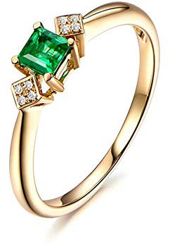 KnSam 18K Gold Gelbgold Ring Frau Ringe Echt Gold Ring Frau Gold Quadrat Ring Mit 0.31Ct Emerald Und 0.03Ct Diamand Goldgrün Echt Gold Ring