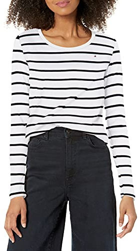 Tommy Hilfiger Women's Long Sleeve Scoop Neck Tee, Sky Captain/White Stripe, Small, Sky Captain/White Stripe, S