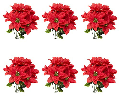 HJHIWE 7 Stiele rote künstliche Weihnachtssterne Büsche Seidenblumen künstlicher Weihnachtsstern Blumenstrauß künstlicher Weihnachtsstern Blumen Zweig für Innen Außen Weihnachten Home Office Decor