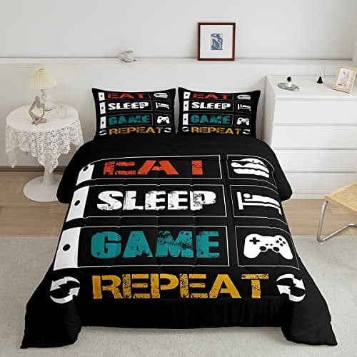Spiel-Bettwäsche-Set für Jungen, Queen-Size-Größe, Gamer, Teenager, Videospiele, Tröster, Bettdecke, Raumdekoration, lustig, kreativ, Essen, Schlafen, Spielwiederholung, Design, wendbar, Innenfüllung,