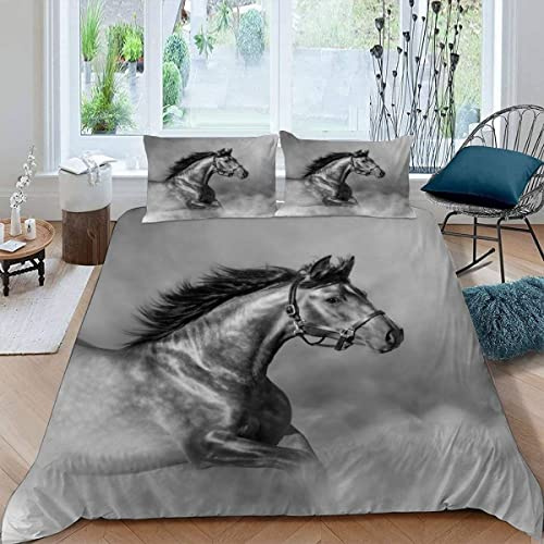 RFFLUX 3D - Copripiumino in microfibra, 140 x 200 cm, 1 persona, 3 pezzi, ultra morbido, cavallo nero, completo di letto con cerniera per bambino, ragazza, con 2 federe 50 x 75 cm