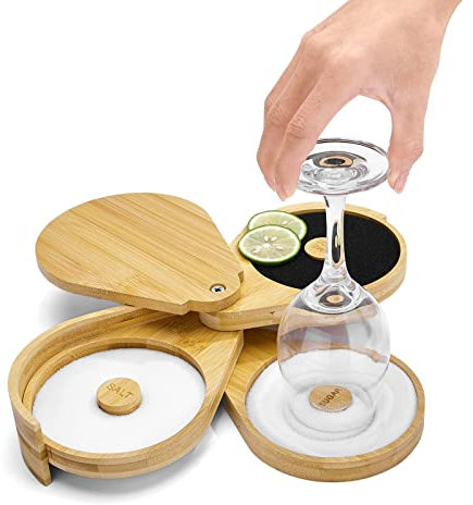 Margarita Salt Rimmer Set,1 Pack 3 Tier Bar Glass Rimmer Bamboo Wood Sugar Salt Box with Sponge,Bartender Tool for Cocktail and Margarita