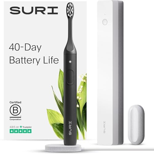 SURI Electric Toothbrush—Award-Winning Sustainable Electric Toothbrushes Adults, Slim Sonic Toothbrush & Accessories, 40+ Day Battery, Travel Toothbrush with UV Cleaning Case. Certified B Corp, Black