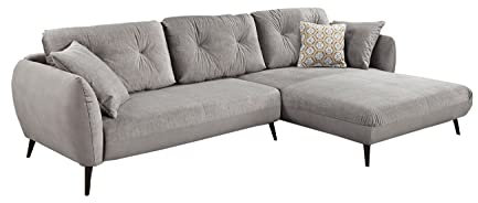 Home4You Ecksofa - Hellgrau - Schwarz - Velours - Metallfüße - mit Kissen