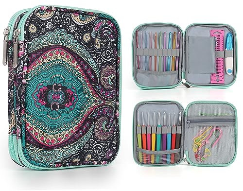 Aeelike Grünes Totem Häkelnadel-Etui, Praktisch Häkeltasche Organizer mit Doppeltes Aufbewahrungsfach, 18×15×3,6 cm, Reißverschluss-Aufbewahrungstasche für Häkelnadel, Häkelzubehör(nur Tasche)