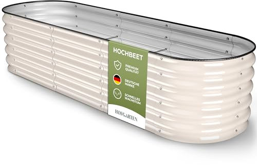 HOFGARTEN ® QuickGrow Orto Rialzato da Esterno in Acciaio Zincato | Inossidabile | Cassoni Orto con Fondo Aperto | 200L x 60P x 42A cm | Ortaggi, Erbe, Fiori (Bianco Panna)