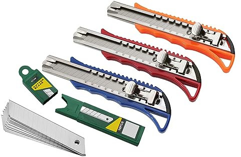 3 Profi Cuttermesser Teppichmesser inkl. 10 Ersatzklingen | 18mm Klinge | mit stabiler Rastfunktion aus STAHL |