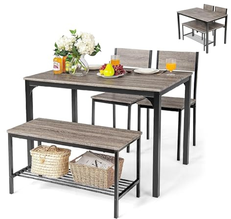 RELAX4LIFE Juego de Mesa de Comedor con Sillas, Banco y Estantería, Mesa de Comedor Industrial para 4 Personas con Marco Metálico para Cocina, Salón, Comedor (Gris, 1 Mesa+2 Sillas+1 Banco)