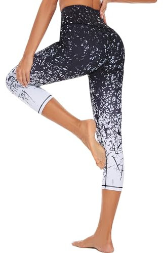 HAPYWER Yoga Leggings Damen High Waist Yogahose Bunt Gym Sport Leggings Tummy Control Running Workout - Stretch Kompressionshose mit Aufdruck für Frauen(7/8 Bambusblatt,M)