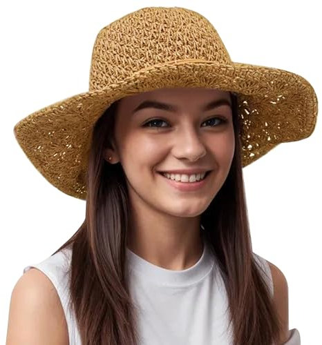 Lanzom Sombrero de paja para mujer, ala ancha, plegable, grande, flexible, trenzado, para viajes, Caqui, M-L