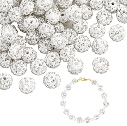 Nogeqi Cuentas de diamantes de imitación para hacer joyas, 100 cuentas redondas de bola de discoteca de cristal de 10 mm, arcilla polimérica blanca y diamantes de imitación de cristal