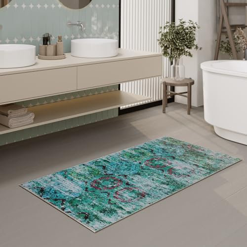 Badezimmerteppich von WECONhome waschbar und rutschfest im Vintage-Stil für EIN modernes, stilvolles Bad – Beach Front (55 x 65 cm, grün)