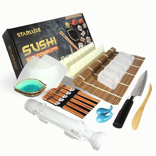 STARLUXE® - Kit Sushi Completo Deluxe. Kit para hacer sushi con 23 gadgets. Sushi kit con sushi maker para preparar en casa. Maquina, Utensilios y Vajilla Japonesa - Regalos Originales