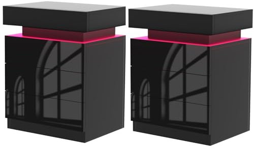 2er Set Nachttisch Schwarz mit Led,Nachttisch mit LED Beleuchtung, Beistelltisch mit großen Stauraum nachtschrank mit led Nachtschrank mit 3 Schubladen und 16 Farben Beleuchtung(45x35x61cm)