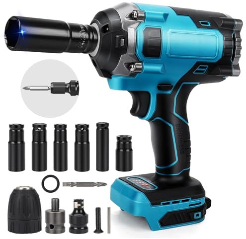 850Nm Akku Schlagschrauber Kompatibel mit Makita 18V Lithium-Akku, 1/2 Zoll Bürstenloser Schlagschrauber Akku Drehschlagschrauber für Reifenwechsel, Schraubenschlüssel mit 6 Stecknüsse(Ohne Akku)