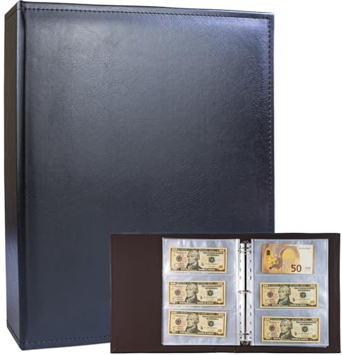 A4 3 Ringbinder Währungsalbum mit 30 Pack 180 Taschen Nachfüllseiten, PU Leder Geldsammelbuch, Sammeln von Euros, Papiergeld, Fremdwährung und Gutscheinen Black