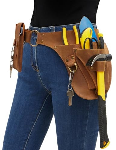 VGJ Leather Garden Tool Belt- Small Tool Belt-Tool Belts For Men,Gardener Gifts-Womens Tool Belt Bag,Florist Tool Belt Holster,Gardening Tool Belt,Electrician Carpenter Organizer, Natural Brown