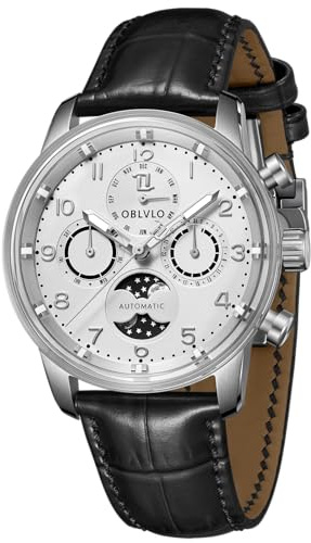 OBLVLO Herren Klassische Uhren Multifunktions Original Automatik Armbanduhr Mondphase Wasserdicht Lederarmband Uhr IM-MUT-MP