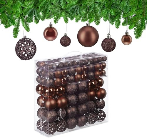 Relaxdays Weihnachtskugeln, 150er Set, glitzernde, matte & glänzende Christbaumkugeln, Kunststoff, ∅ 3, 4 & 6 cm, braun