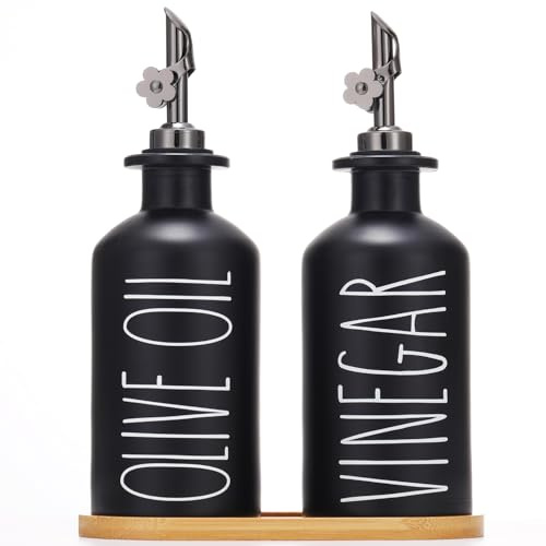 HOMCDALY Premium Olive Oil Dispenser for Kitchen, 11.8oz Glass Oil Bottles with Bamboo Tray, Black Oil&Vinegar Cruet Set, Kitchen Dispenser Bottles with Pourer | Set of 2 (11.8oz –P–Black)