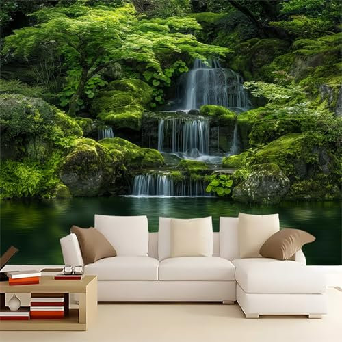 Photo Mural Wallpaper for Living Room TV Backdrop Wall Art Japanese Garden Waterfall Non-Woven Wall Mural Bedroom Decoration Green 3D Wall Covering 200x140cm