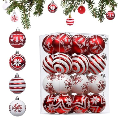 24 Stück Weihnachtskugeln Kunststoff Set Rot Weiß, Christbaumkugeln, Weihnachtsbaumschmuck, Weihnachtsdeko Innen Außen