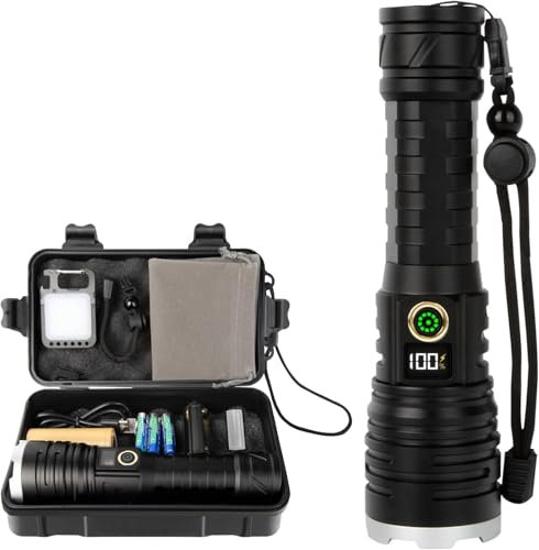 Linternas LED superbrillantes recargables 15000 lúmenes XHM77.2 linternas impermeables con batería linterna táctica con carga rápida USB y 5 modos para camping, pesca [Energía