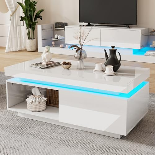 Lexiou Set mobile TV + tavolino da caffè nero lucido, set da soggiorno con luci a LED (bianco)