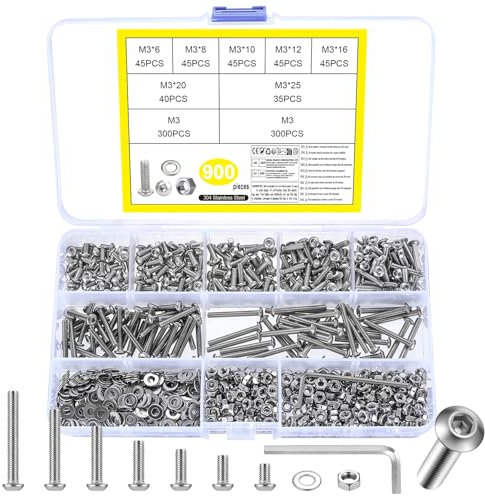 900 Pz Set di Viti M3, Bulloni e Dadi e Rondelle Kit, Viti a Testa Cilindrica con Esagono Incassato con Dado, Bulloni a Testa Tonda Bombata in Acciaio Inox(M3)