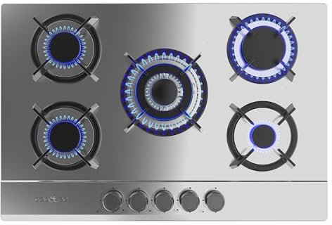 Cecotec Placa de Gas Butano y Natural 5 Fuegos Bolero Squad G 5200S Inox. 11000W. Acero Inoxidable, Parrillas Individuales Hierro Fundido, WOK Triple Corona, Encendido Eléctrico, Sistema Seguridad
