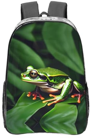 HJLUUFT Transparenter Rucksack für Erwachsene, Motiv: Frosch, grüne Blätter, Blätter, für Büro, transparent, Transparent, Einheitsgröße