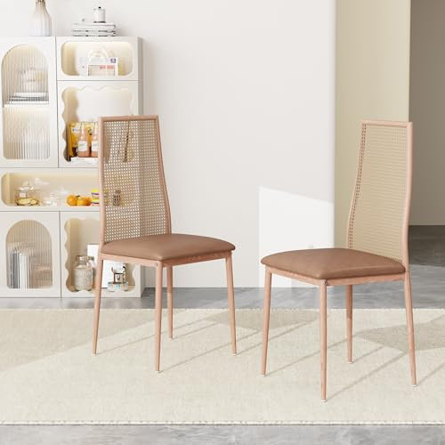 PerGar 2-er Set Küchenstuhl Rückenlehne aus Rattan, Esszimmerstühle Rattanstuhl, Gepolsterte Stühle mit Netzrücke, Armlose Polsterstühle, für Lounge, Wohnzimmer, Küche (Holzfarbe)