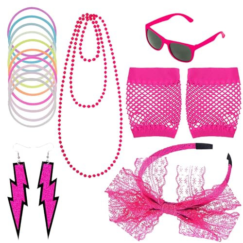 Costumes rétro des années 80 pour femmes : déguisements, accessoires de fête | Tadilla en dentelle, boucles d'oreilles, gants en filet, lunettes rétro, collier, bracelet pour le plaisir de la fête