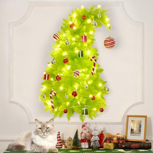 3 FT Wall Christmas Tree, Lime Green Half Christmas Tree Hanging, DIY 1/2 Chrismas Tree for Window with Lights, Ornaments and Hooks, Bendable Hainging Xmas Tree for Door, Pet Owners Xmas Decor