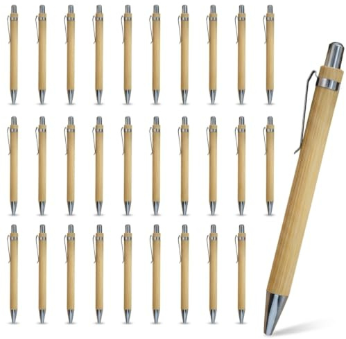 IUSOT 30 Stück Bambus Kugelschreiber Set mit Stabiler Metallspitze 1,0 mm | Holzkugelschreiber & Schwarzer Tinte - Druckkugelschreiber Ideal für Gravur DIY - Holzkuli Vorratspackung Büro Geschenk