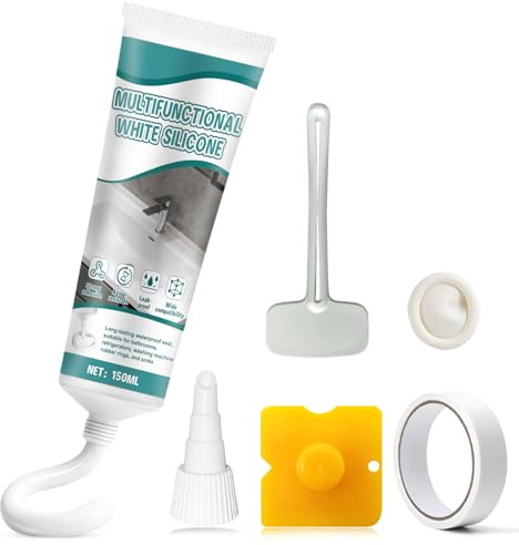 AllisWay Silicone Bianco, Silicone Doccia, silicone Bianco Sigillante per Cucina e Bagno Vari Giunti di Piani di Lavoro, Impermeabile e Durevole, Sigillatura Forte, Set Completo di Strumenti, 150ml
