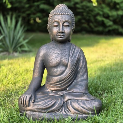 FABRIQ Buddha Statue 50 cm Kupfer – 26 kg – H:50 cm – Massiver Steinguss Wetterfest & frostfest bis −30 °C Gartendeko Premium