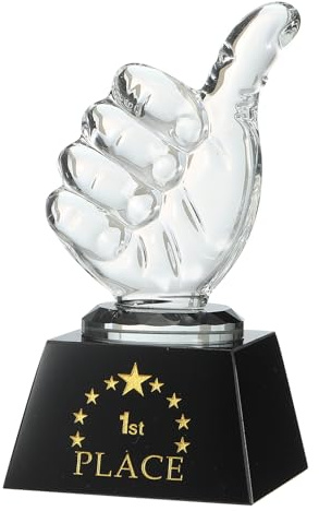 QUARKZMAN Trophée en Cristal Pouce Levé Base Transparente Noire | Trophées Prix 1ère Place Avec Boîte Pour ornementation De Bureau, Pour Tournois Compétitions Sportives, Presse-Papiers