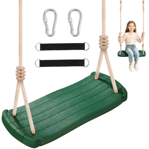 Fionrziy Wetterfeste Schaukel Outdoor für Kinder ab 3 Jahren, bis 120kg | Ergonomische Kinderschaukel für Garten, Verstellbarer Schaukelsitz aus PE-Kunststoff, Aufhängeschlaufen und Karabiner, Grün