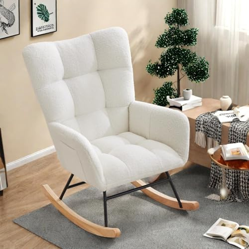 GarveeHome Schaukelstuhl Relaxsessel Stillsessel Schaukelsessel Wohnzimmersessel Schwingsessel mit Metallgestell und Holzsockel, Belastbarkeit Bis 120 Kg, 90 x 65 x 90cm, Beige