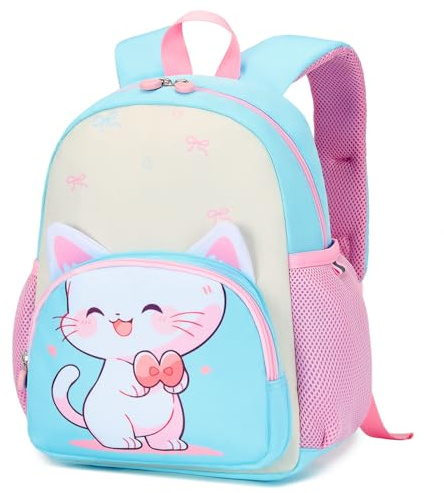 PROTAURI Rucksack Kinder für Mädchen, Kindergartenrucksack mit Brustgurt Kita Rucksack mit Reflektierend Wasserabweisend und Leicht Karikatur Tier Reise Tasche für 2-6 Jahre, Kätzchen-Design
