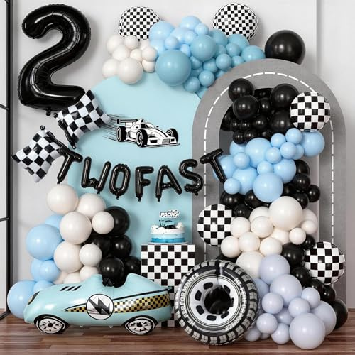 185pcs Rennwagen Geburtstagsdeko Junge 2 Jahre Blau Schwarz Luftballons Girlande 3D Rennwagen Folienballons Reifenballon Flaggenballons Two Fast Geburtstag Deko für 2 Jahre Car Auto Deko Deburtstag