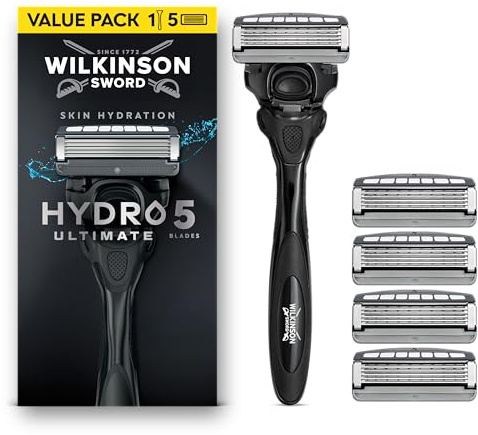Wilkinson Sword Hydro 5 Ultimate Men’s 1 Razor Handle, 5 Blade Refills | 5 Blade Face or Body Razors for Men with Sensitive Skin, Hydrating Gel with Hyaluronic Acid, Flip Trimmer Shaver Head