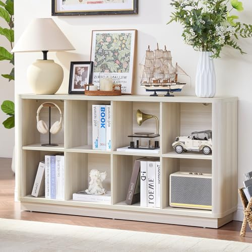 LELELINKY 8 Cube Storage Bookcase, 53 Wide Wooden Book Shelf with Thickened Base, Freestanding 2-Tier Open Book Case Unit with Curved Edge, Cube Organizer Shelf for Living Room & Bedroom, Oak White