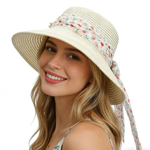 LY4U Sombrero de Sol para Mujeres con Banda de Encaje Floral, Sombrero Plegable de Paja para Mujeres, Vacaciones en la Playa, Correa Ajustable para la Barbilla, Ligero y Transpirable