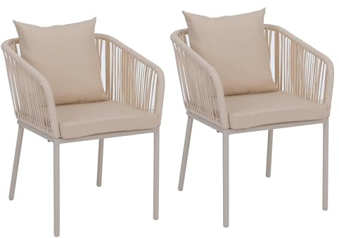 Mendler 2er-Set Gartenstuhl HWC-N41 - Creme, Kissen Creme | Outdoor, Armlehne, wetterfest Aluminium, Seilgeflecht, Rope