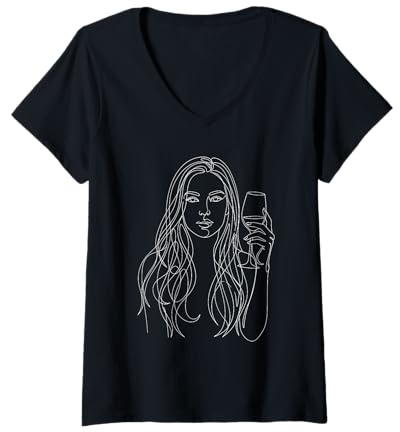 Femme Elegant Line Art Femme avec Verre à vin T-Shirt avec Col en V