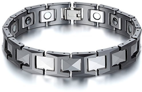 JewelryWe Schmuck Herren Magnet Armband, Wolfram Wolframcarbid Keramik, 12mm Breit H Link Elegant Gesundheit Magnetarmband Armreif, Schwarz Silber