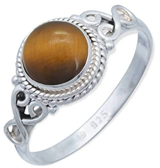 mantraroma Ring 925 Silber Damen Tigerauge Edelstein braun ausgefallen verspielt (MRG-024-18-(48))