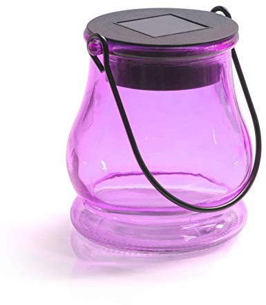 LED Universum Solarlaterne aus violettem Glas, als Hängeleuchte oder Tischlicht, mit integriertem Solarpanel und Helligkeitssensor